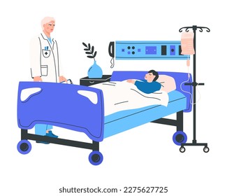 Attending physician visiting a bed patient. Hospitalized man lying in a bed. Sick male patient sleeping in a hospital room. Vector flat illustration