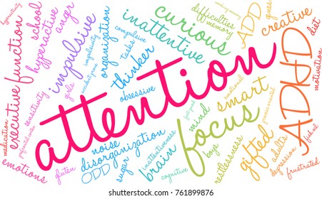 Attention ADHD word cloud on a white background. 