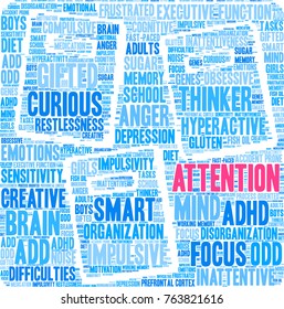 Attention ADHD word cloud on a white background. 