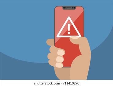 Attention or alert concept displayed on frameless touchscreen as vector illustration. Hand holding bezel free smartphone with icon of exclamation mark