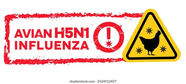 atención, alerta y alerta temprana de la propagación y transmisión de la peste, la epidemia o la pandemia de virus de la gripe aviar, gripe aviar H5N1 y H3N8 con el sello escrito en la frase «Gripe aviar H5N1» eps