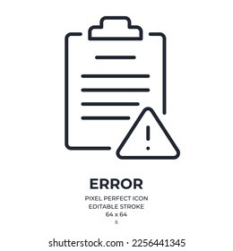 Attention, alert, error, and mistake concept. Clipboard and exclamation mark sign editable stroke outline icon isolated on white background flat vector illustration. Pixel perfect. 64 x 64.