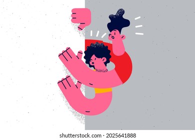 Attention, amazement and surprise concept. Surprised children boy and girl standing looking from corner feeling chocked with something vector illustration 