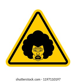 Attention angry wife. Caution grumpy woman. Yellow road sign danger.