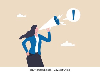 Attention announcement, important message or communicate broadcasting, loudspeaker or exclamation point loud voice concept, confidence businesswoman talking on megaphone with exclamation attention.