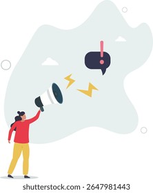 Anúncio de atenção, mensagem importante ou transmissão de comunicação, alto-falante ou ponto de exclamação conceito de voz alta. vida do personagem .