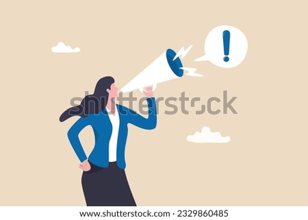 Attention announcement, important message or communicate broadcasting, loudspeaker or exclamation point loud voice concept, confidence businesswoman talking on megaphone with exclamation attention.