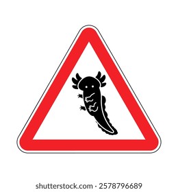 Attention Axolotl. Caution Amphibian Salamander. Triangular road sign  