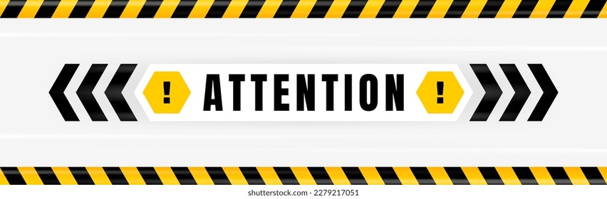 Attention badge placed on gray background with black and yellow line striped. Attention label with exclamation mark on hexagon. Vector illustration.