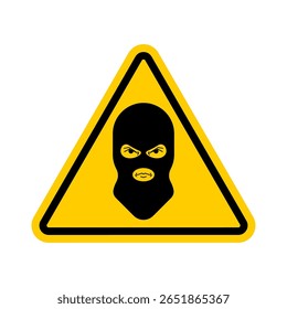 Aandacht voor Balaclava Bandit. Waarschuwing voor terroristen. Gele weg driehoek teken. Avast Scammer.