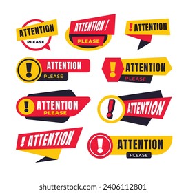 Attention banner set collection, Attention red paper speech bubble. Red danger warning attention label set or exclamation sign in a speech bubble. Red Exclamation mark icon, vector illustration.