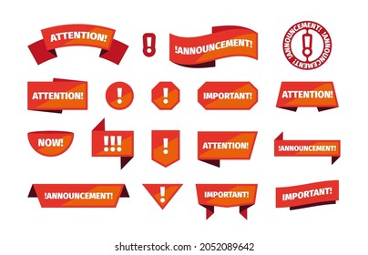 Attention banners. Announcement red stamps for priority ads sales notices badges for different messages garish vector templates set
