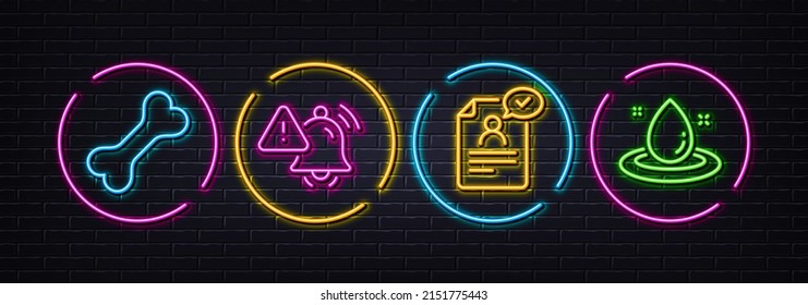 Attention bell, Dog bone and Resume document minimal line icons. Neon laser 3d lights. Fuel energy icons. For web, application, printing. Warning alarm, Pets food, Application. Petroleum. Vector