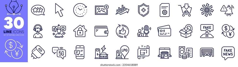 Attention bell, Lock and Add photo line icons pack. Charging station, Return package, Time change web icon. Shopping, 5g internet, Refresh like pictogram. Consultant, Versatile, Wallet. Vector