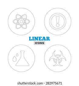 Attention and biohazard icons. Chemistry flask sign. Atom symbol. Linear outline web icons. Vector