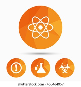 Attention and biohazard icons. Chemistry flask sign. Atom symbol. Triangular low poly buttons with shadow. Vector