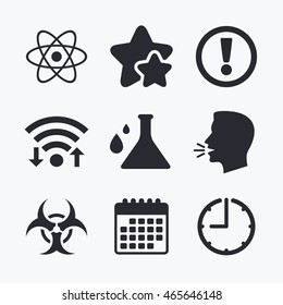 Attention and biohazard icons. Chemistry flask sign. Atom symbol. Wifi internet, favorite stars, calendar and clock. Talking head. Vector