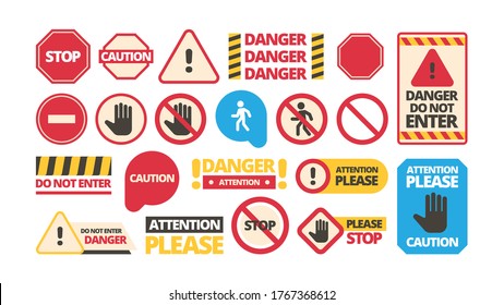 Attention boards. Admittance symbols stop hand red framed attention forbidden vector signs