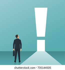 Attention in business concept. Big exclamation mark on a way. Businessman in suit with briefcase standing. Vector illustration flat design. 