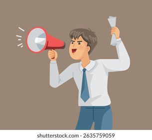 Attention! A businessman is shouting through a loudspeaker