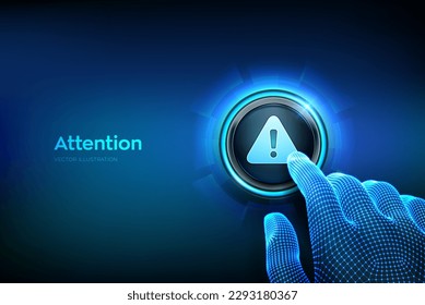 Attention button. Hazard attention sign with exclamation mark symbol. Alert alarm icon. Danger Symbol. Closeup finger about to press a button with triangle warning sign. Vector Illustration.