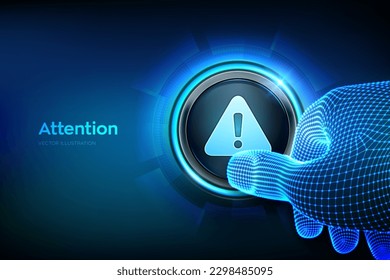 Attention button. Hazard attention sign with exclamation mark symbol. Alert alarm icon. Danger Symbol. Closeup finger about to press a button with triangle warning sign. Vector Illustration.