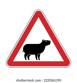 Attention Capybara. Caution guinea pig. Red Danger road sign.
