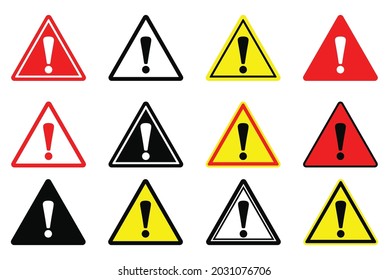 Señal de peligro de precaución, signo de marca de exclamación, conjunto de símbolos de advertencia triangular, signo de advertencia, ilustración de vector