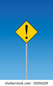 Attention caution exclamation yellow road sign on a blue graduated sky