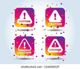 Attention caution icons. Hazard warning symbols. Exclamation sign. Colour gradient square buttons. Flat design concept. Vector