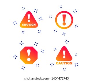 Attention caution icons. Hazard warning symbols. Exclamation sign. Random dynamic shapes. Gradient attention icon. Vector