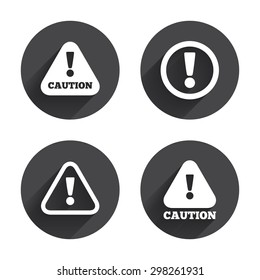 Attention Caution Icons. Hazard Warning Symbols. Exclamation Sign. Circles Buttons With Long Flat Shadow. Vector