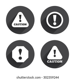 Attention caution icons. Hazard warning symbols. Exclamation sign. Circles buttons with long flat shadow. Vector