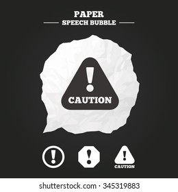 Attention caution icons. Hazard warning symbols. Exclamation sign. Paper speech bubble with icon.