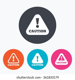 Attention caution icons. Hazard warning symbols. Exclamation sign. Circle flat buttons with icon.