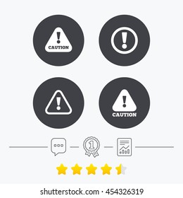 Attention caution icons. Hazard warning symbols. Exclamation sign. Chat, award medal and report linear icons. Star vote ranking. Vector