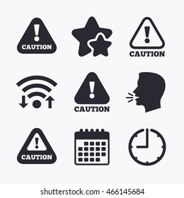 Attention caution icons. Hazard warning symbols. Exclamation sign. Wifi internet, favorite stars, calendar and clock. Talking head. Vector