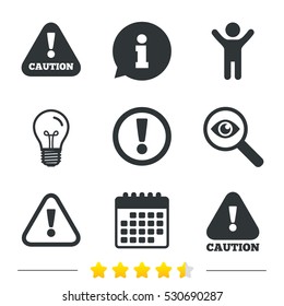 Attention caution icons. Hazard warning symbols. Exclamation sign. Information, light bulb and calendar icons. Investigate magnifier. Vector