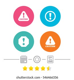 Attention caution icons. Hazard warning symbols. Exclamation sign. Calendar, cogwheel and report linear icons. Star vote ranking. Vector