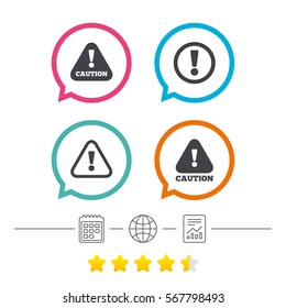 Attention caution icons. Hazard warning symbols. Exclamation sign. Calendar, internet globe and report linear icons. Star vote ranking. Vector