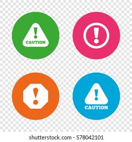 Attention caution icons. Hazard warning symbols. Exclamation sign. Round buttons on transparent background. Vector