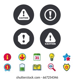Attention caution icons. Hazard warning symbols. Exclamation sign. Calendar, Information and Download signs. Stars, Award and Book icons. Light bulb, Shield and Search. Vector