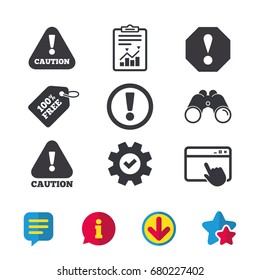 Attention caution icons. Hazard warning symbols. Exclamation sign. Browser window, Report and Service signs. Binoculars, Information and Download icons. Stars and Chat. Vector
