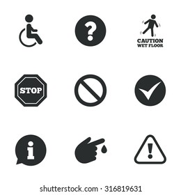 Attention caution icons. Question mark and information signs. Injury and disabled person symbols. Flat icons on white. Vector
