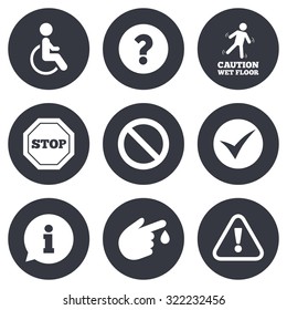 Attention caution icons. Question mark and information signs. Injury and disabled person symbols. Gray flat circle buttons. Vector