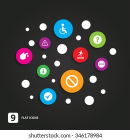Attention caution icons. Question mark and information signs. Injury and disabled person symbols. Flat circle buttons with icons on black.