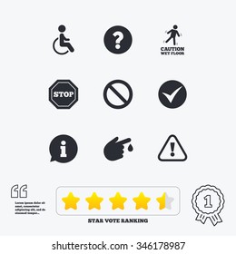Attention caution icons. Question mark and information signs. Injury and disabled person symbols. Star vote ranking. Award achievement and quotes.
