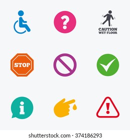 Attention caution icons. Question mark and information signs. Injury and disabled person symbols. Flat colored graphic icons.