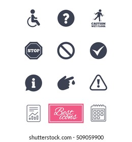 Attention caution icons. Question mark and information signs. Injury and disabled person symbols. Report document, calendar icons. Vector
