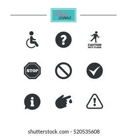 Attention caution icons. Question mark and information signs. Injury and disabled person symbols. Black flat icons. Classic design. Vector